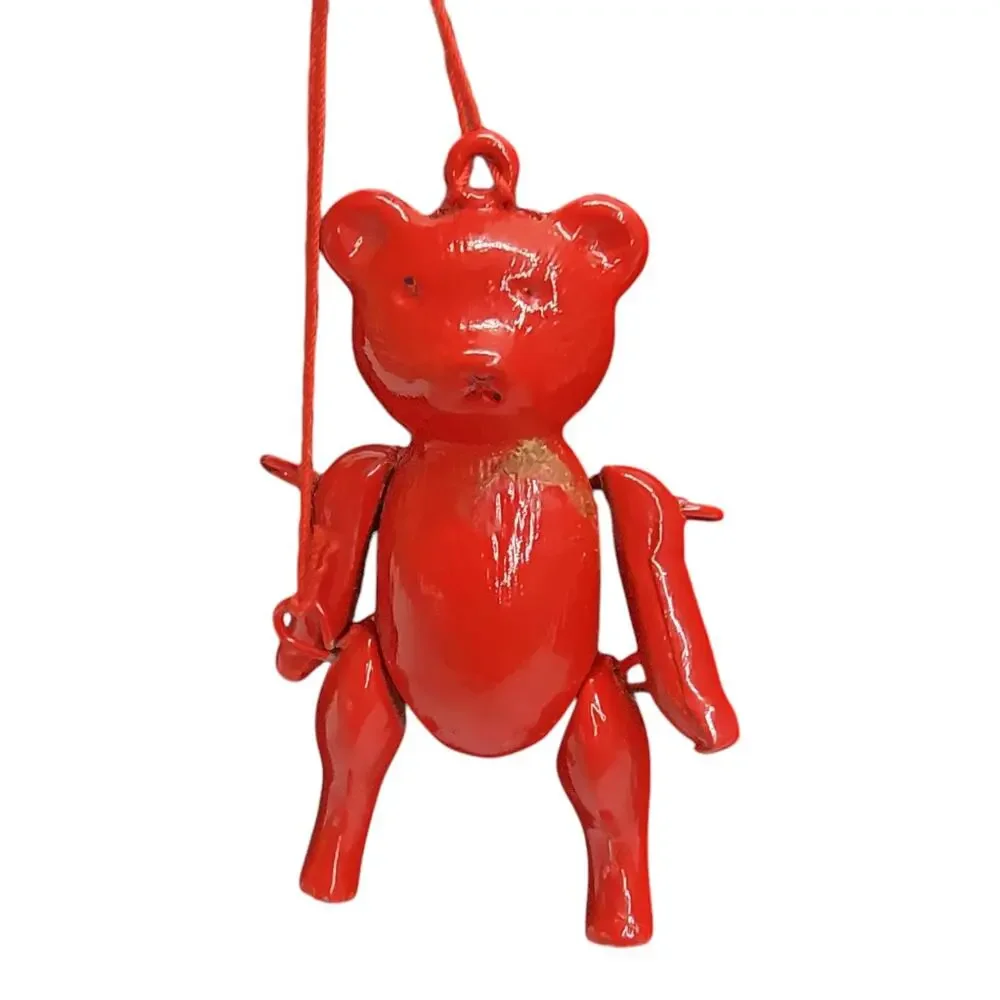 Vintage Midwest Importers Red Metal Jointed Teddy Bear Ornament Taiwan Christmas